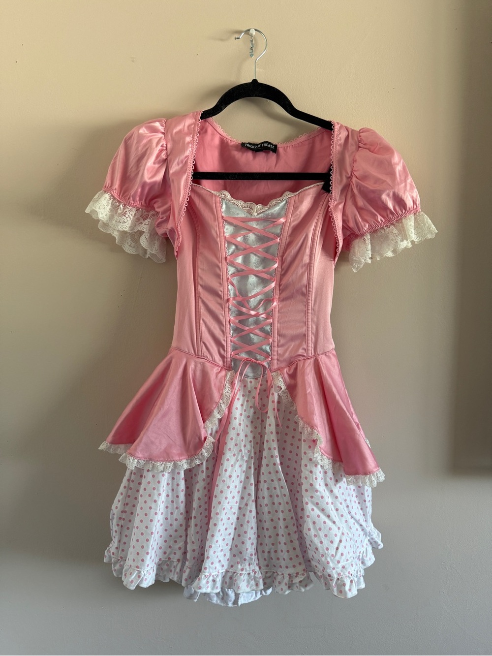 Pink Lace-Up Peasant Dress with Polka Dot Skirt